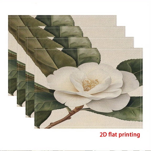 4pcs Rectangle placemats, Elegant and simple white magnolia flowers table mat, for dining table, kitchen, party, indoor, holiday, dinner parties and home decor (table mats) 12x18 Inch