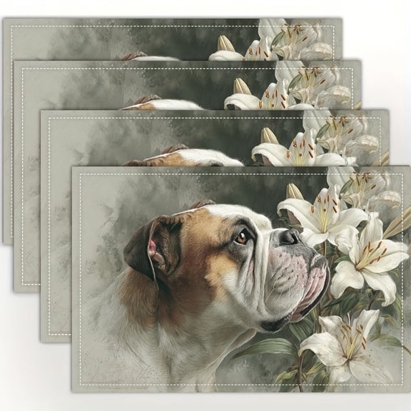 4pcs Rectangle placemats,Simple Bulldog and Lily Flower Pattern Flax table mat, for dining table, kitchen, party, indoor, holiday, dinner parties and home decor (table mats) 12x18 Inch