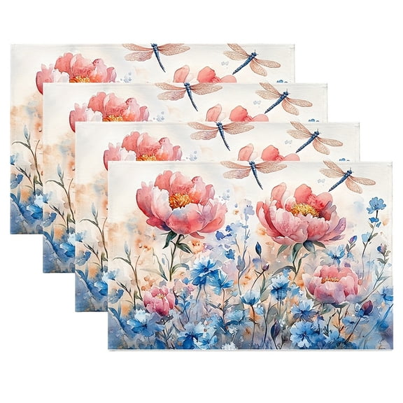 4pcs Rectangular Placemats, Pink Peonies Placemats,12x18 Inch, for Kitchen, Restaurant, Coffee Table, Afternoon Tea, Party Decoration, Coffee Table Accessories, Party Table Setting, Floral Placemats