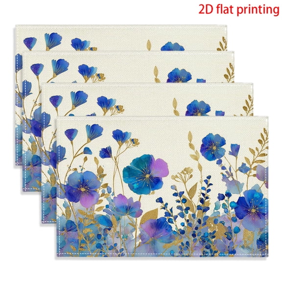 4pcs Rectangular Placemats Suitable & Dining Table - Heat-Resistant Blue Purple Floral Table Protectors, Easy-Clean Tableware, Fits 12x18 Inch Plates, Simple Elegant Decor for Home Decoration