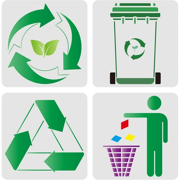 4pcs Recycle Logo Stencil 11.8x11.8inch Trash Can Signs Drawing Stencils Environmental Protection Theme Stencils for Painting on Garbage Containers diy