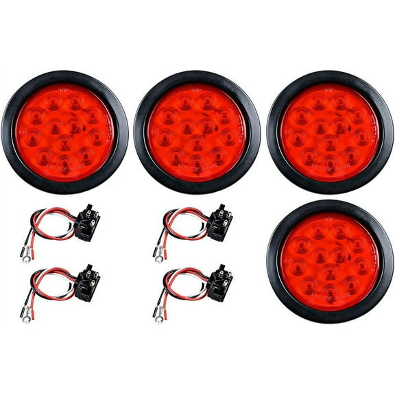 4pcs Red 12-LED 4" Round Brake Stop Tail Light Cargo Semi Trailer Container Tractor Truck Bus Lorries 12V