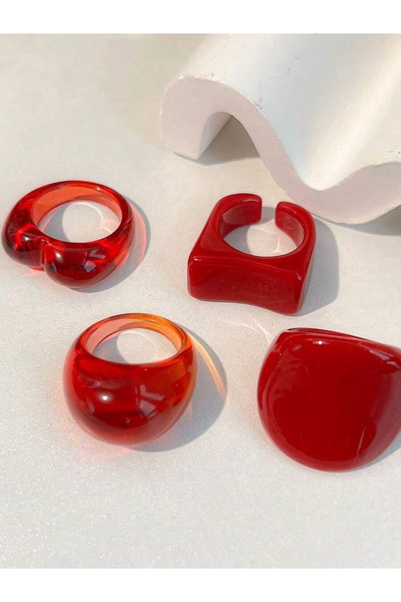 4pcs Red Acrylic Geometric Lip Design Ring Set, Bold Statement Jewelry For Daily Wear, Party, Travel