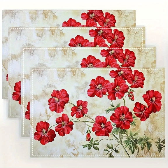 4pcs Red Geranium Flower Table Mat Set - Elegant Beige And Floral Placemats with Green Foliage Border, 12X18 Inch Easy-Clean Surface Protectors for Dining Table, Kitchen, Rustic Farmhouse Decor