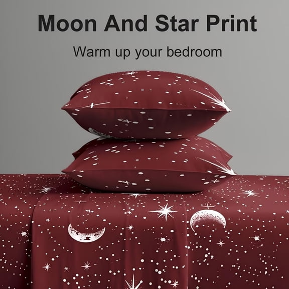 4pcs Red Moon & Star Print Bed Sheet Set - Soft Microfiber Bedding with Deep Pockets for Twin, Full, Queen, King Sizes