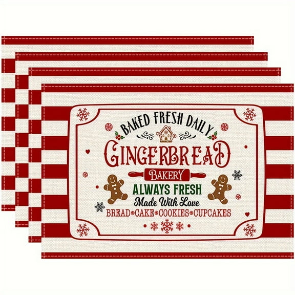4pcs Red Striped Gingerbread Linen Table Mats Table Mats Durable Washable Rustic Linen Vintage Placemats for Home Dinner Party Camping Wedding Table Decoration 12 x 18 Inch