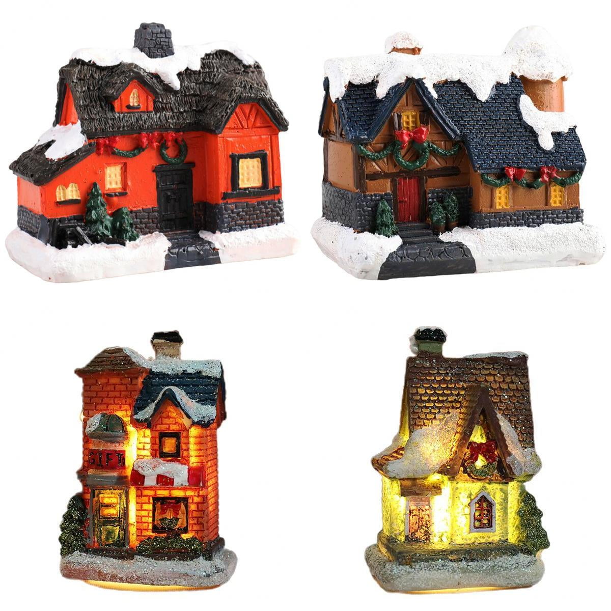 4pcs Resin Christmas Scene House LED Light Village Xmas Table Festival Decor