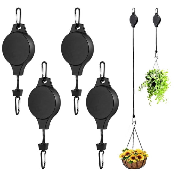 4pcs Retractable Plant Hanger Pulley Hooks, TSV Heavy Duty Adjustable Hanging Basket Holders for Indoor Outdoor Plants, Bird Feeders & Pots