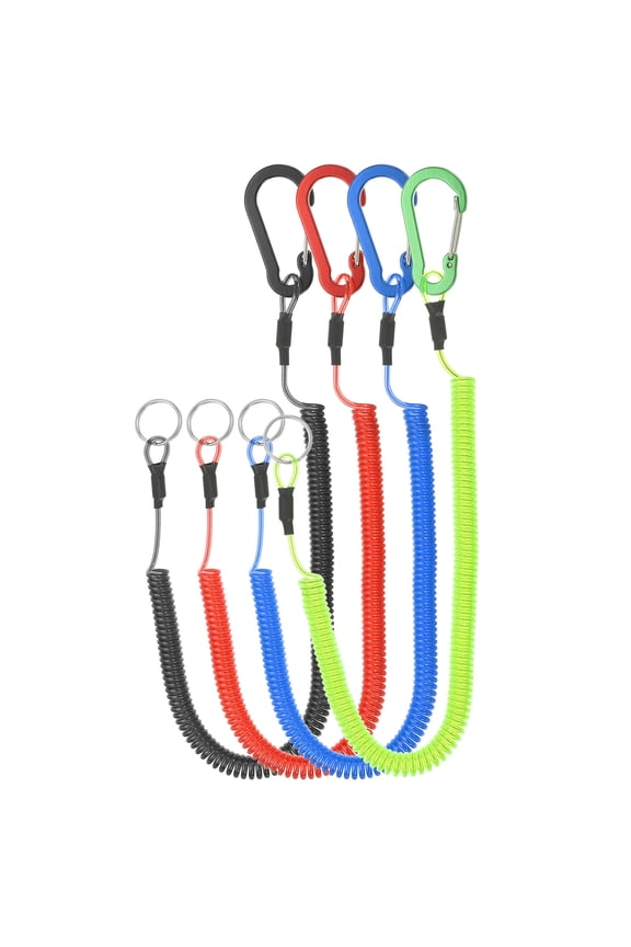 4pcs Retractable Spring Coil Straps, 6" Spiral Lanyard Cord with Aluminium Clip and Key Ring, Red,Blue,Green,Black