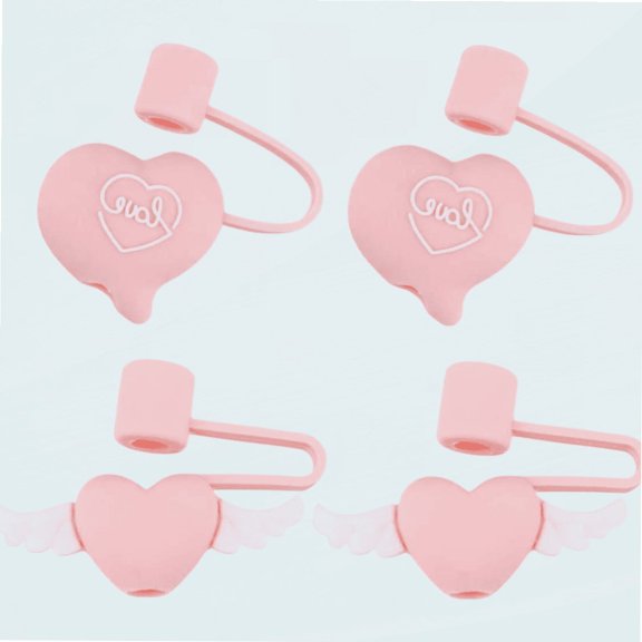 4pcs Reusable Straw Tip Covers Silicone Drinking Straw Covers Plugs Airtight Seal Party Straw Cap Heart Love Wing Straw Protector Topper for Valentines Day Wedding Pink