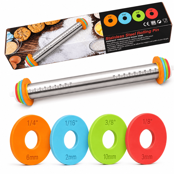 Rolling Pin with 4pcs Guide Rings for Cake Pops, Dough Thickness Spacer Guides Adjustable Rolling Pins, 4 Sizes, 0.75" Center Hole