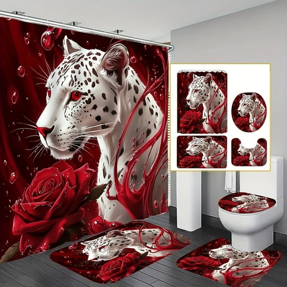 4pcs Rose And Leopard Shower Curtain Set Bathroom Decor Set Waterproof Curtains Non-Slip Mat Toilet Lid Bathroom Rug And 12 Plastic Hooks Bathroom Accessories Home Autumn Cottage Decor
