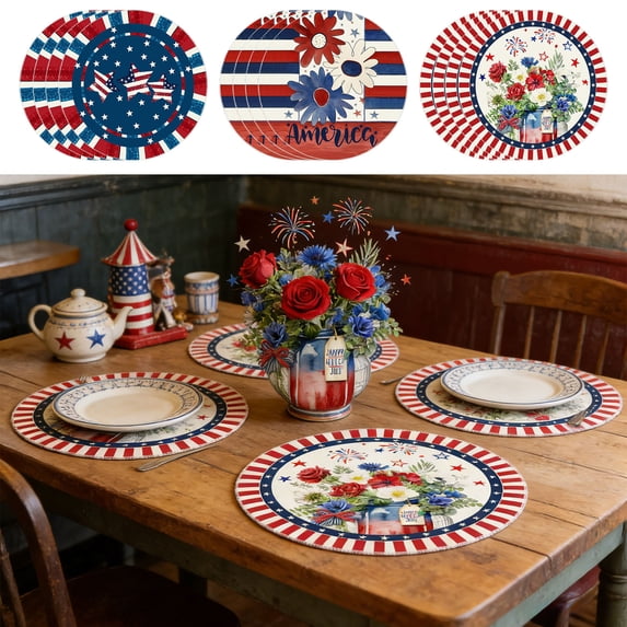4pcs Round Patriotic Independence Day Placemats, Polyester Material Non-Slip Printed Table Mats Washable Heat Resistant Dining Decor, for 4th of July Home Kitchen Dining Room Party Decoration, E