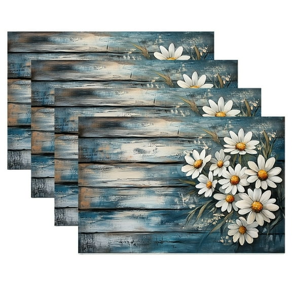 4pcs Rustic Farmhouse Dining Table Placemats with White Daisies on Blue-Gray, Polyester, Rectangular, Knitted - Spring Summer Country Kitchen Decor, Home Decoration, 12 x 18 Inch, Wood, Place Mats