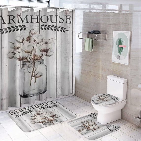4pcs Rustic Flower Shower Curtain Set Bathroom Sets with Rugs and Accessories Non-Slip Rugs,Toilet Lid Cover and Bath Mat