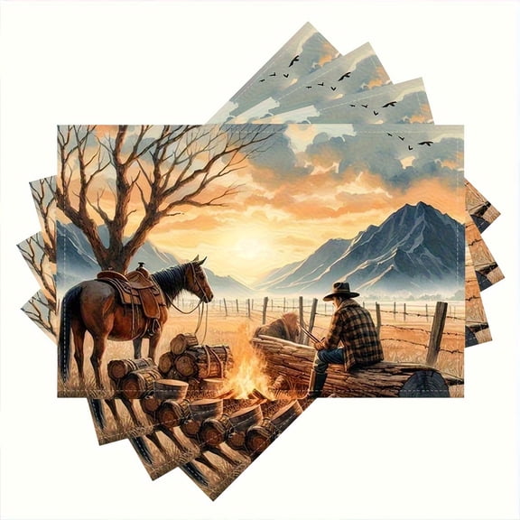 4pcs Rustic Landscape Tablecloth | 12x18 Inches Linen Placemats Set, Suitable for Kitchen and Dining Room Decor, Home Decoration, Family Dinner Table Setting, Party Decor