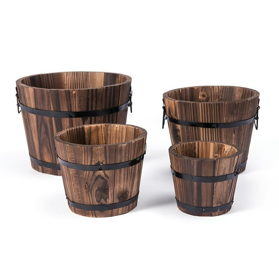 4pcs Rustic Wooden Barrels Planters Barrels Bucket With Handle, Flower Planter Pots Container Water Wishing Well Pail Garden Backyard Outdoor Indoor Decor