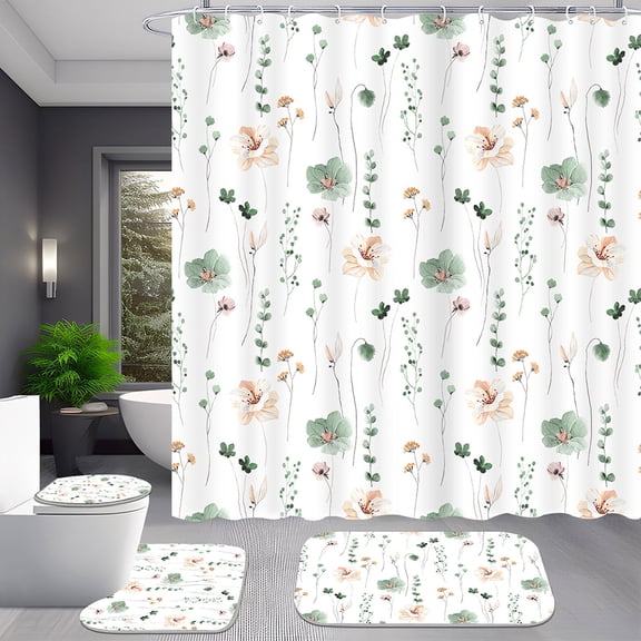 4pcs Sage Green Watercolor Floral Shower Curtain Set for Bathroom