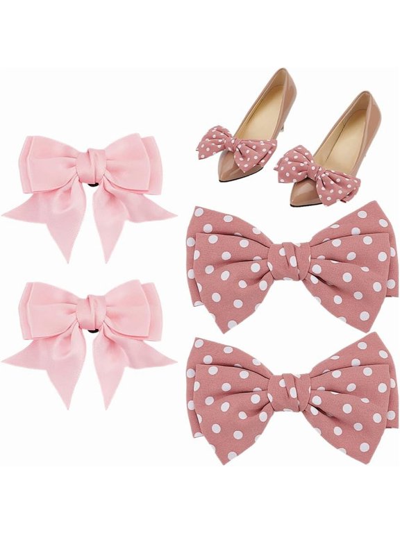4pcs Satin Bow Shoe Clips 2 Styles Bowknot Shoe Buckle Pink Solid Shoes Clip Dots Removable Shoe Charms Shoe Buckle Decorative for Woman Heels Flats Pumps 3.4-5.3 Inch Wide