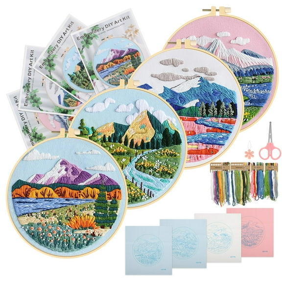 4pcs Scenery Pattern Embroidery Kit, TSV Cross Stitch Practice Set with Hoops