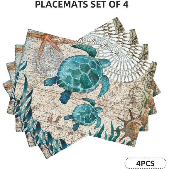 4pcs Sea Turtle Ocean Life Polyester Table Mats Table Mats Durable Washable Rustic Linen Vintage Placemats for Home Dinner Party Camping Wedding Table Decoration 12 x 18 inches