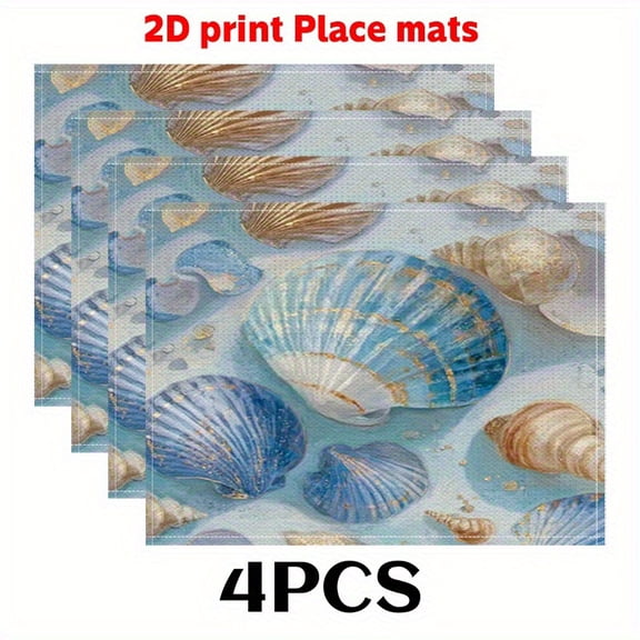 4pcs Seashell Placemats Suitable for 12 x 18 inches Table s - Non-Slip Easy-Clean Beach Shells Design, Hand Wash Only Placemats for Table Setting, Nautical Theme Party Decor