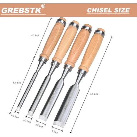 4PC Wood Chisel Gouge Set, CR-V Hardened Semi-Circular Blades, Ergo Grips | Edge retention, low-vibration cuts, ergonomic handles, lasting comfort and resharpenable, 1/4,1/2,3/4,1