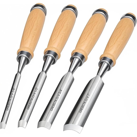 4PC Wood Chisel Gouge Set, CR-V Hardened Semi-Circular Blades, Ergo Grips | Edge retention, low-vibration cuts, ergonomic handles, lasting comfort and resharpenable, 1/4,1/2,3/4,1