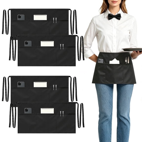 TSV 4pcs Server Aprons with 3 Pockets, Black Water-Resistant Waist Aprons for Waitress Waiter, Half Serving Aprons for Women Men