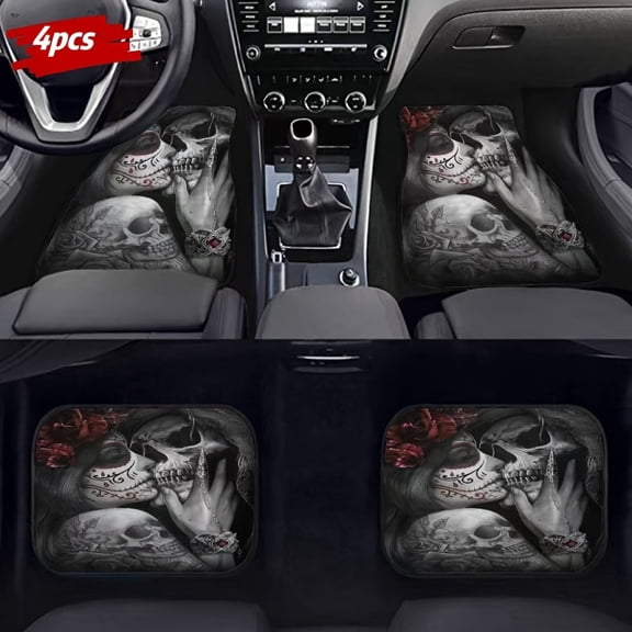 4pcs Set of Beautiful Women And Skull Design Car Floor Mats - Suitable for Sedans, Suvs, Trucks | Front And Rear Seat Protection | All-Weather Polyester Fiber Interior Additions
