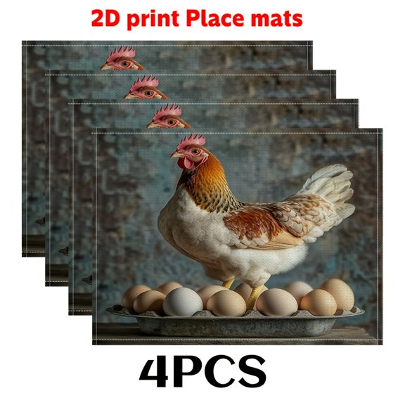 4pcs Set Chicken & Eggs Table Topic - Large Placemat, Easy-to-Clean Grid Pattern, Hand Washable Dining Table for Farmhouse Kitchen Decor, Boho Style (12x18inch)