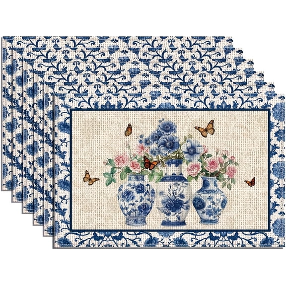 4pcs Set Classic Chinese Blue and White Porcelain Vase Floral Pattern Placemats, Suitable for Daily and Holiday Use in Spring and Summer, Ideal for Home Kitchen, Dining Room, Gatherings