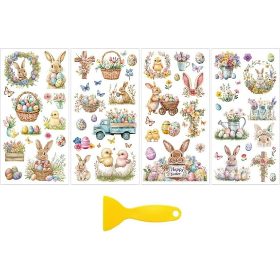 4pcs/Set Easter Eggs Rub on Transfers for Furniture and Crafts 6x12 Inch Rabbits Chicks Furniture Decals Happy Easter Transfer Stickers Rub on Decals for Wood Furniture Home Decoration