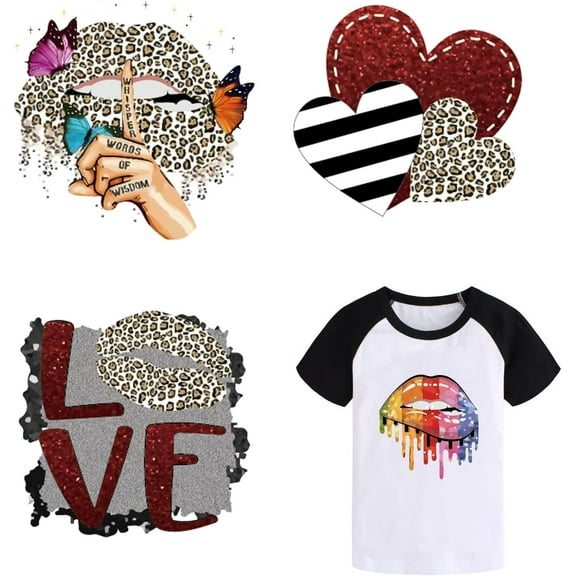 4pcs/Set Lips Love Pattern PET Iron-on Heat Transfer Stickers Iron On Patches Washable Heat Transfer Stickers Clothes Patch Appliques for DIY Clothes Decoration and Repair 3.9x3.9in colorful