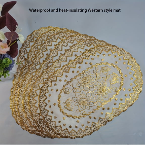 4pcs Set Oval PVC Table Mats - Suitable for Kitchen and Dining Room Decor, Rose Coasters,,, Heat-Insulating Western Placemats, Golden Foil Dining Table Mats