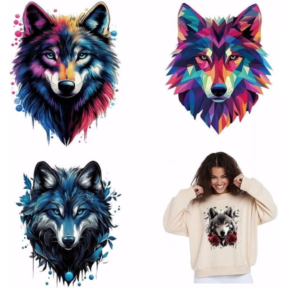 4pcs/Set PET Wolf Head Heat Transfer Stickers Watercolor Animal Iron on Transfers Iron on Patches Stickers Washable Heat Transfer Paper for Clothing T-Shirt Jeans Backpacks DIY Applique