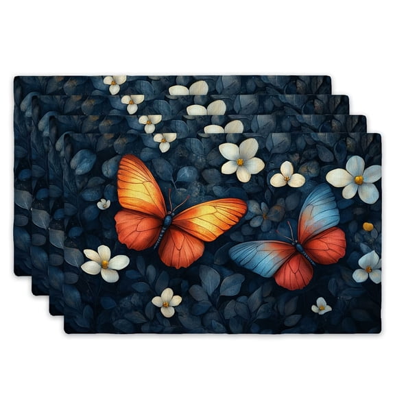 4pcs Set of Placemats, 12x18 Inches - Featuring a Deep Blue Base with Dancing Orange and Blue Butterflies, Their Reflective Wings Resembling Scattered Starlight, as If Chasing a Light