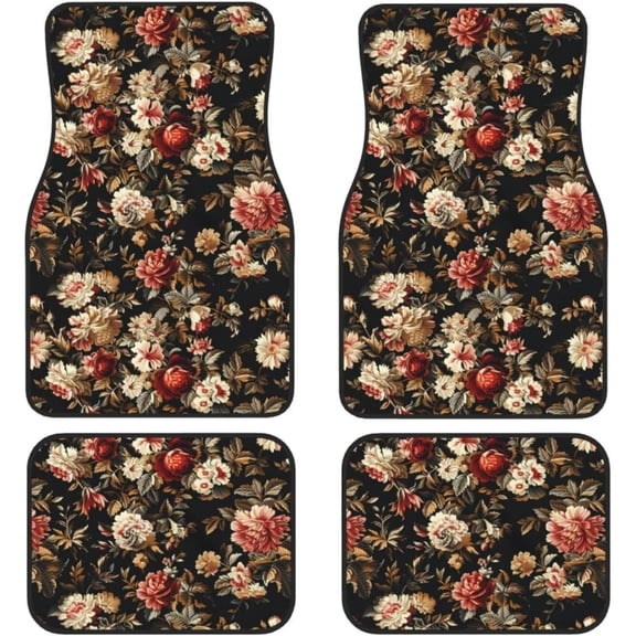 4pcs Set of Retro Flower Car Floor Mats, All-weather Universal Front and Rear Carpet Mats, Including Peony Rose Flower Decoration Patterns, Non-slip Car Interior Accessories, Classic Retro Car Mats