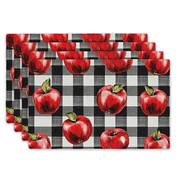4pcs Set of Square Placemats 12 X 18 Inches - Thin Polyester Material - Plaid Apple Placemats, Rustic Style Table Setting, Western Style Placemats, Home Decor Gift