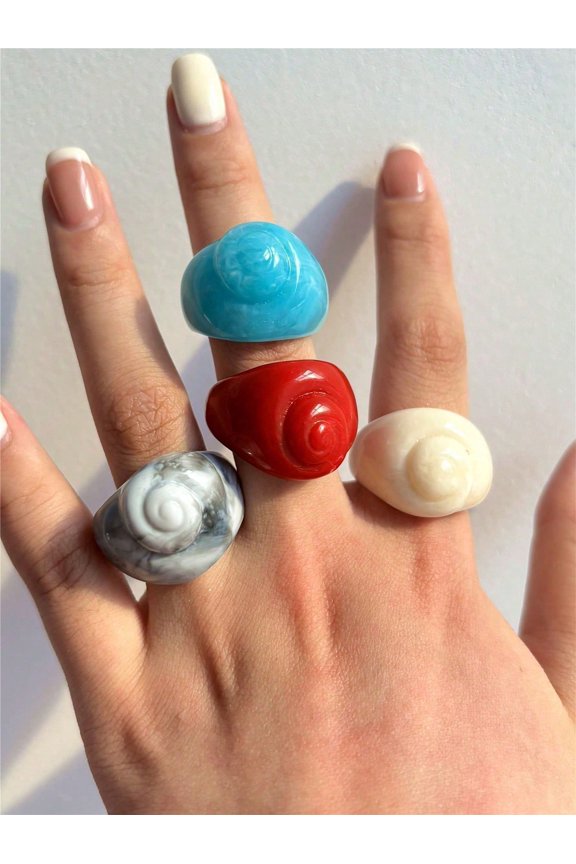 4pcs/Set Standard Color Seashell Resin Rings, Ocean-Inspired Statement Ring Set For Daily Wear