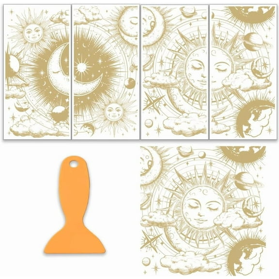 4pcs/Set Sun and Moon Rub on Transfers for Furniture and Crafts 6x12 Inch Star Furniture Decals Decor Furnitures Transfer Stickers with 1pc Scraper for Wood Decor Scrapbooking colorful