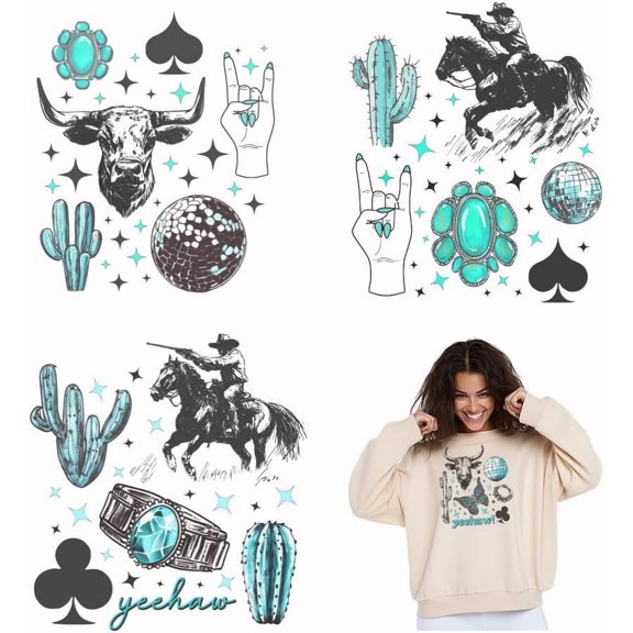 4pcs/Set Western Element Iron On T Shirt Transfers Stickers Cowboys Heat Transfer Decals Bull Iron on Patches Stickers Cactus Washable Heat Transfer for Clothing T-Shirt Jeans Applique colorful DIY