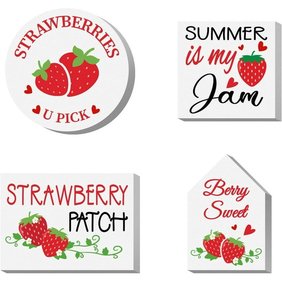 4pcs/Set Wood Sign Strawberry Theme Tiered Tray Decor Set Self Standing 3D Wood Sign for Craft Projects Signs DIY Projects Square Round Rectangle Polygon 3.9x3.9in colorful