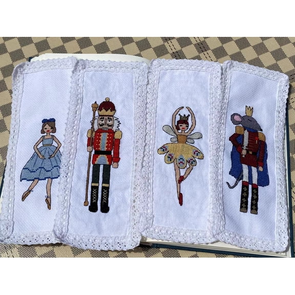 4pcs Set, nutcrackers Theme Cross Stitch Book Mark, 18 Count, lace Edged 8.5x19.5cm Cotton DIY counted Cross Stitch Bookmark kit