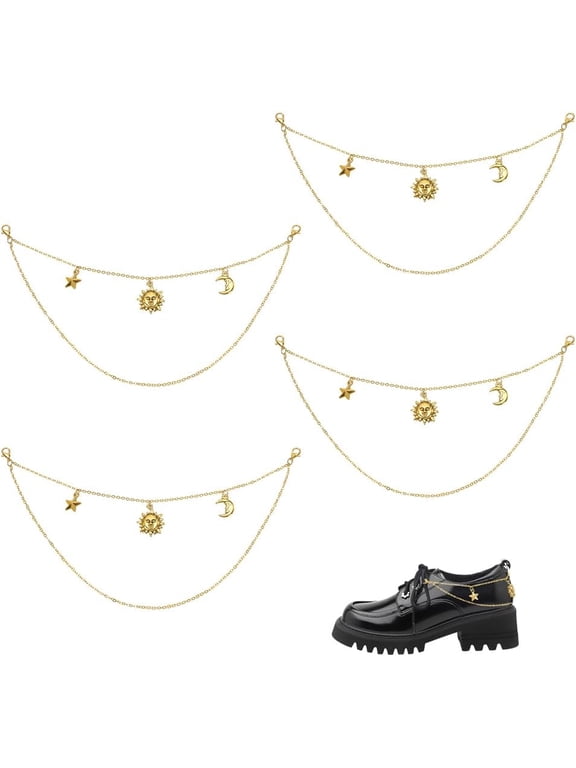 4pcs Shoe Chains Golden Double Boot Chain Sun Moon Star Pendants for Women Sock Strap Decorations Sparkling Decorative Chain for Sneakers Clog Sandal Casual Shoe Pant Jeans Bag Decor