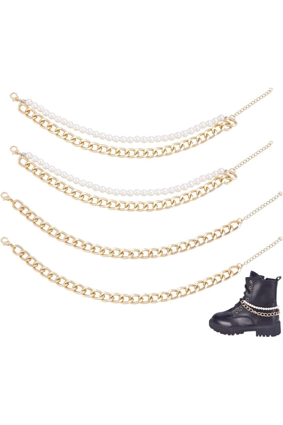 4pcs Shoe Chains Pearl Shoe Charms Chains 2 Styles Aluminum Strap Chain Metal Shoes Accessory Decor diy Golden