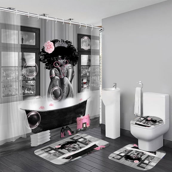 4pcs Shower Curtain Sets With Rugs Black Girl For Bathroom Decor Paris Eiffel Tower Art Pattern Grey Waterproof Juego De Bano 12 Hooks