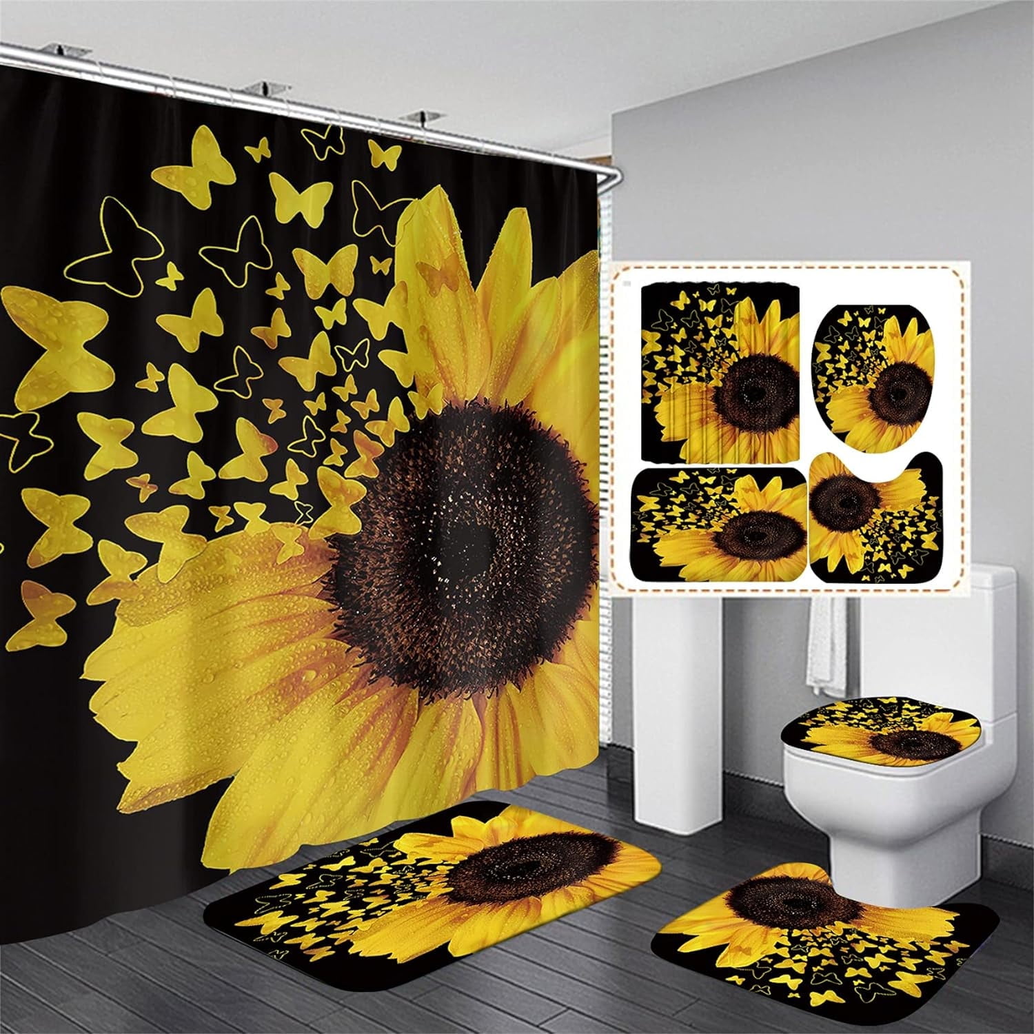 Shower Curtain Sets with Rugs 4 Piece Butterfly Sunflower Bathroom Sets Decor Accessories Include Non-Slip Rug Toilet Lid Cover Bath Mat and 12 Hooks