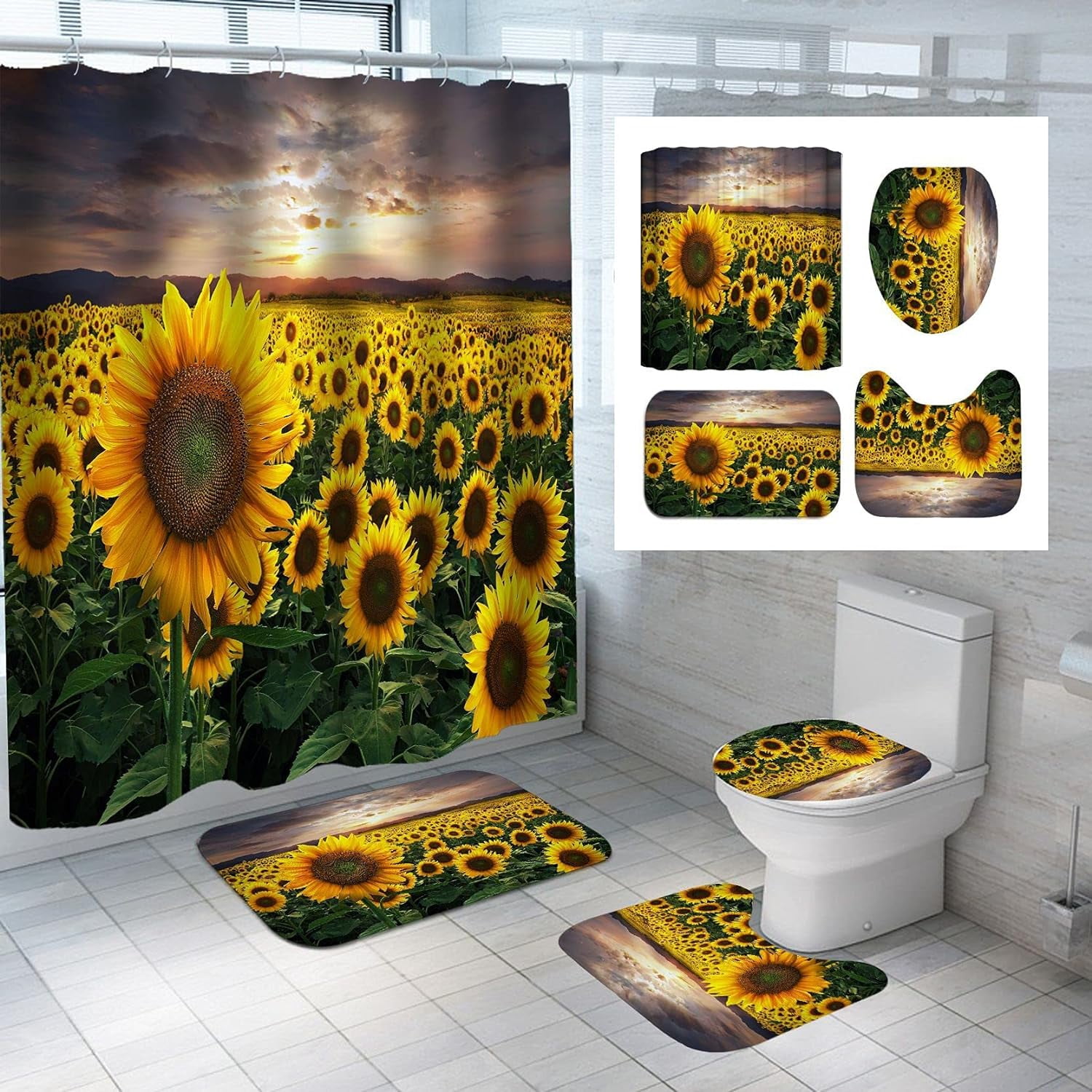 4pcs Shower Curtain Sets with Rugs Sunflower Bathroom Set Decor Inspirational Quotes Bathroom Curtains Shower Set with Rugs and Accessories