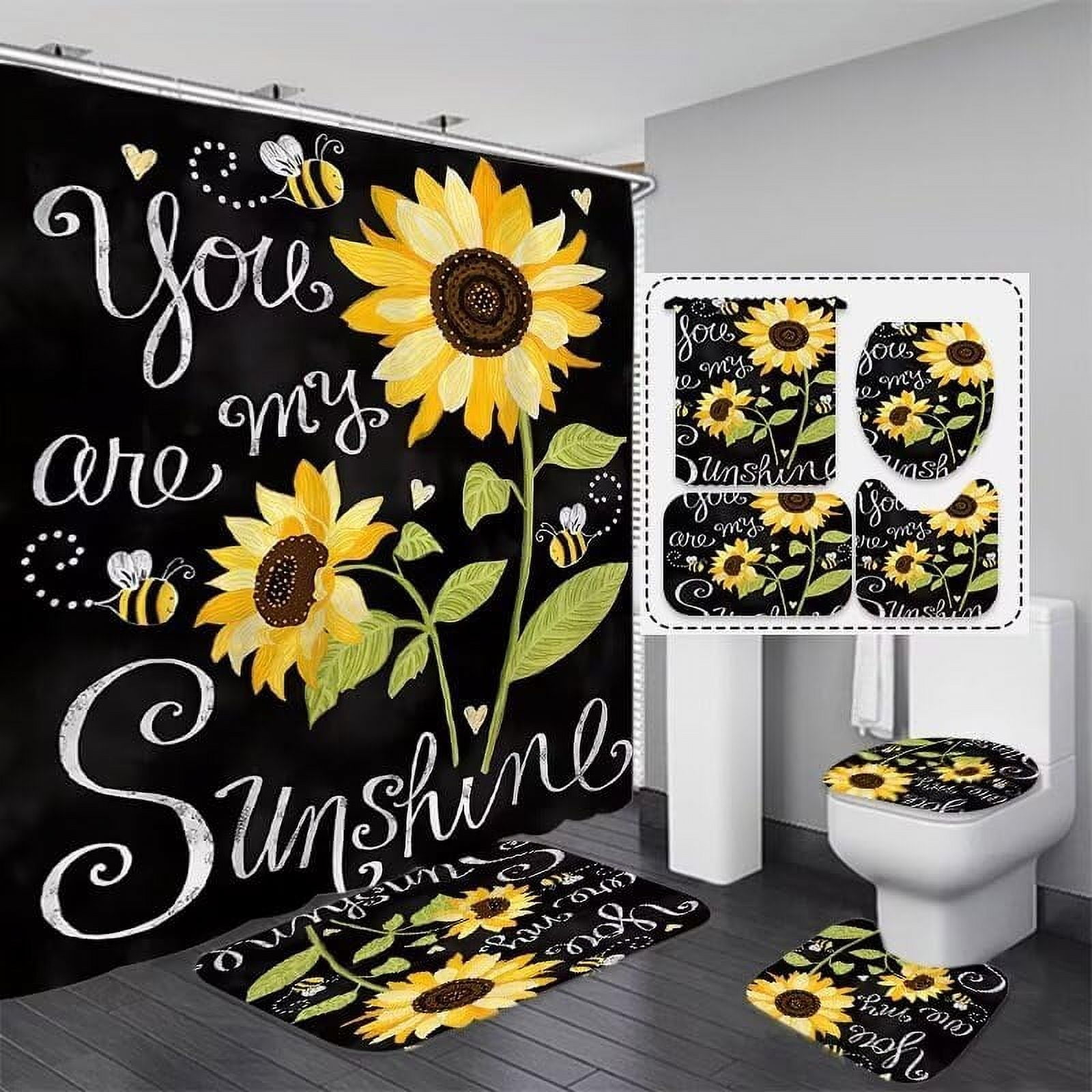 Sunflower Bathroom Sets Decor with Rugs You are My Sunshine Shower Curtain Sets Accessories 4 Piece with Shower Curtain Non-Slip Rug Toilet Lid Cover and Bath Mat and 12 Hooks